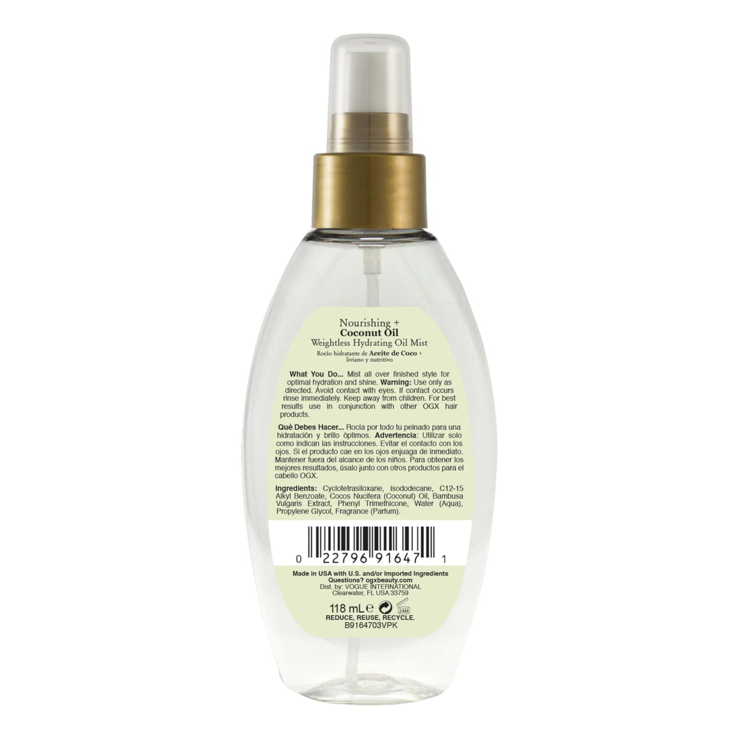 OGX Nourishing + Coconut Oil Weightless Hydrating Oil Hair Mist, Lightweight Leave-In Hair Treatment with Coconut Oil & Bamboo Extract, Paraben & Sulfate Surfactant-Free, 4 Fl Oz