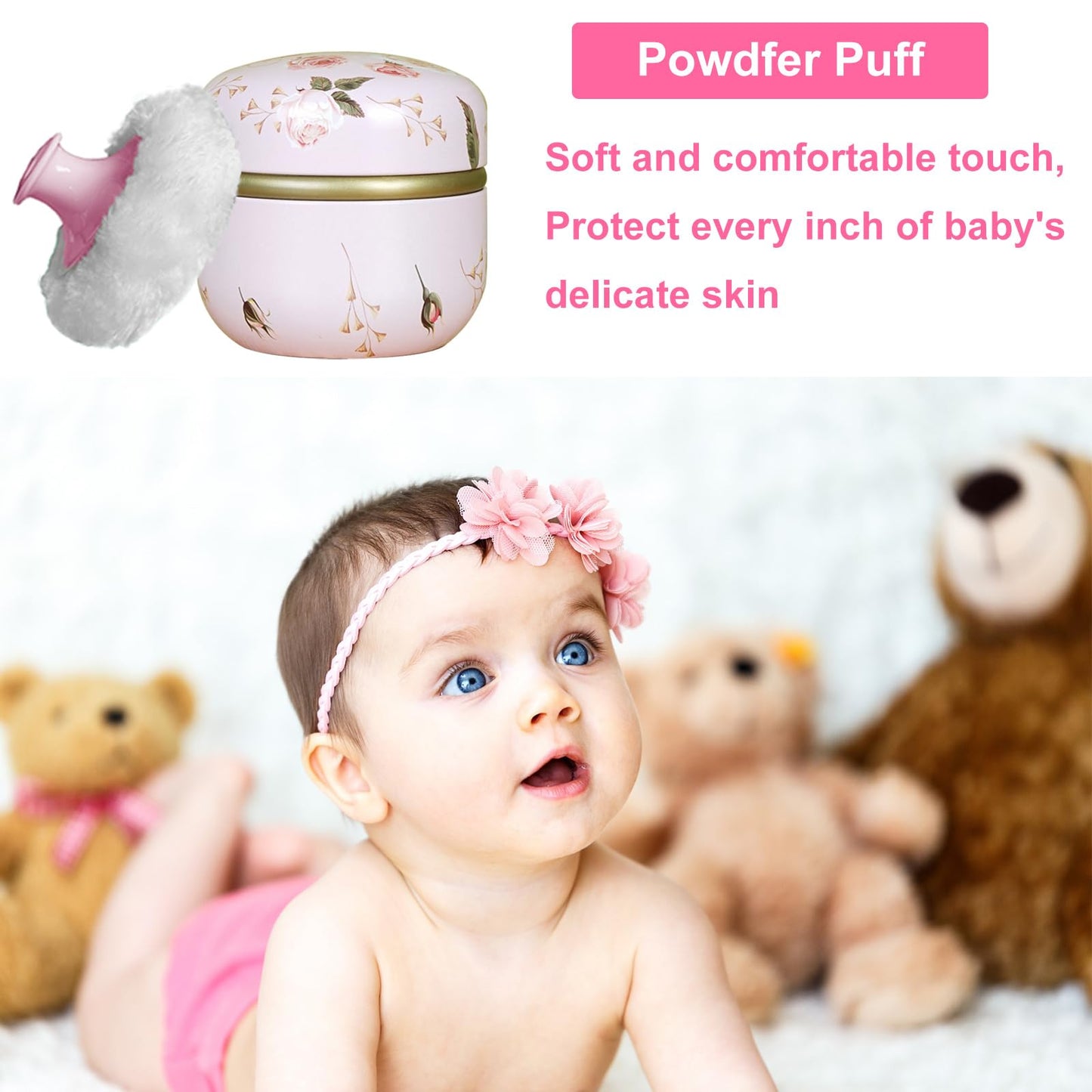 Qopoto Body Powder Puff and Container for Dusting Powder, Women Powder Puff and Powder Case for Bath and Travel (Romantic Flowers)