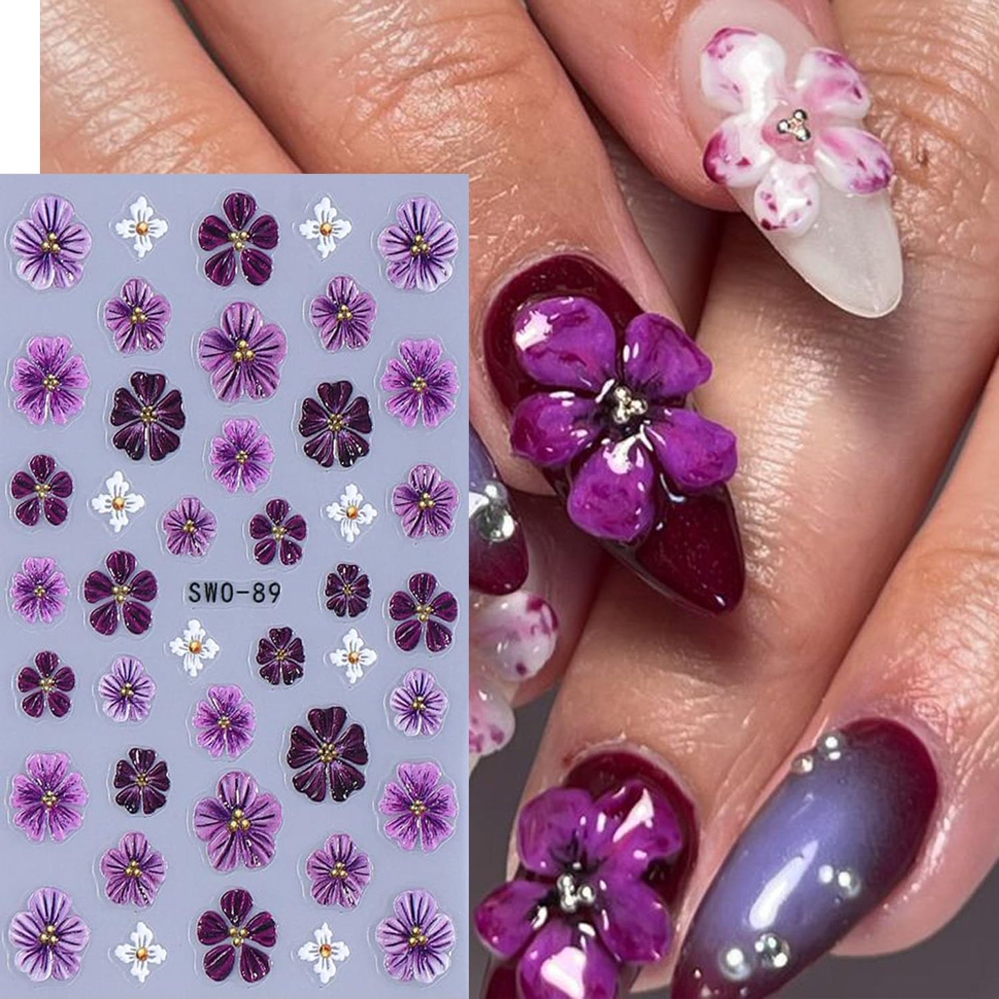 Flower Nail Stickers for Nail Art 5D Embossed Spring Summer Lily Hawaiian Flower Adhesive Nail Stickers Floral Nail Decals Summer Flowers Nails Design Manicure Supplies para Uñas Decor 4Pcs