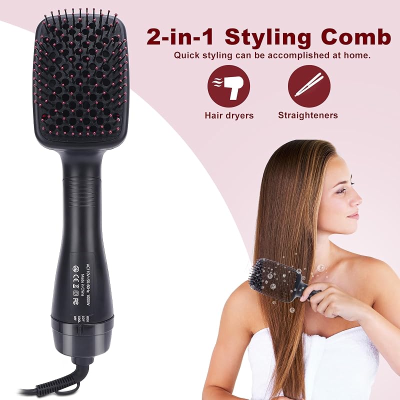 2-in-1 Hair Dryer Brush Straightener with Negative Ions for Smooth, Frizz-Free Hair