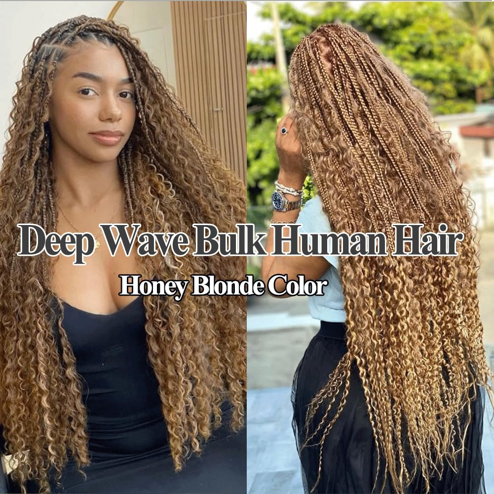 Human Braiding Hair For Braids Honey Blonde Deep Wave Bulk Human Hair For Braiding No Weft 12A Human Hair Braiding Hair Extensions 14 Inch 50g/1Bundle Wet And Wavy Human Braiding Hair