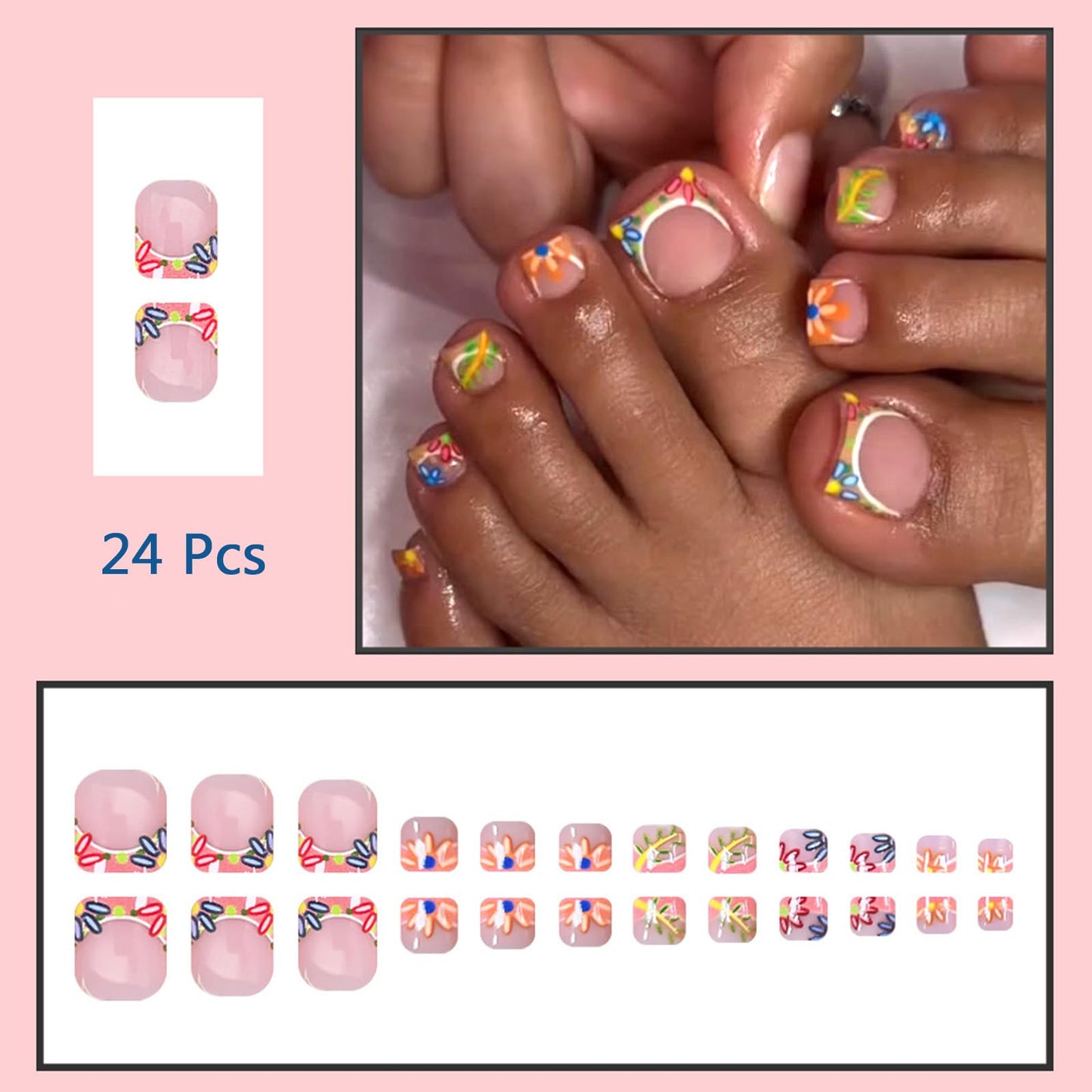 Colorful Flower French Tip Press on Toenails Square Fake Toe Nails Summer Floral False Toenails Glossy Acrylic Toe Nails Reusable Full Cover Artificial Toenails for Coquette Women 24Pcs