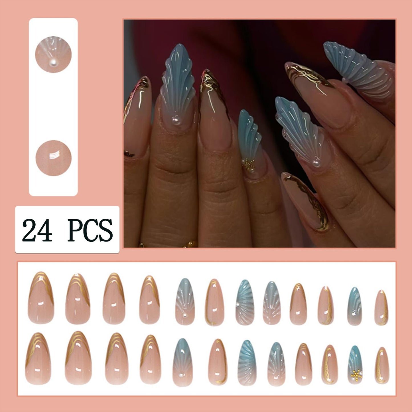 Blue Ocean Press on Nails Medium Almond Beach Starfish Sea Shell with Pearl Design 5D Embossed French Tip Artificial Acrylic Summer Fake Nails for Women Girls Finger Manicure Decorations 24Pcs