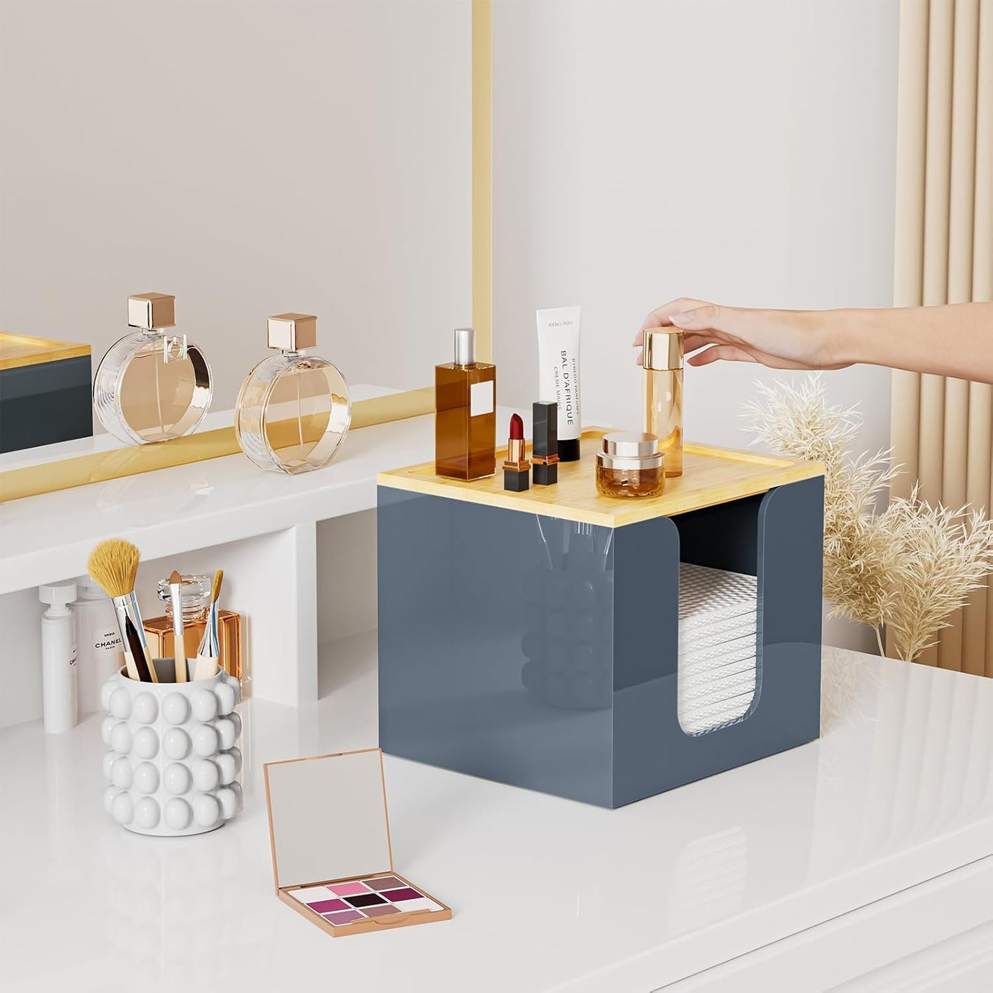 VITVITI Acrylic Face Towel Holder Box - Large Disposable Towel Storage with Bamboo Lid for Bathroom & Vanity