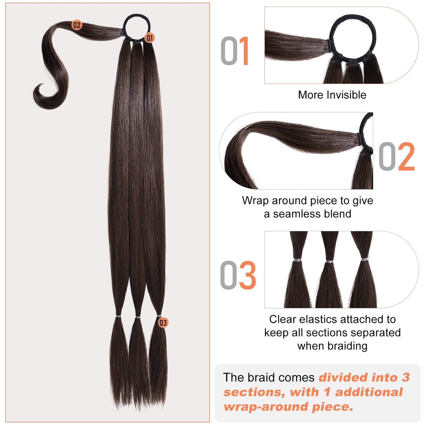 SEIKEA Upgraded Long Braid Ponytail Extension with Elastic Tie Straight Sleek Wrap Around Braid Hair Extensions Ponytail Natural Soft Synthetic Hairpiece Black Brown 34 Inch(After Braided 30 Inch)