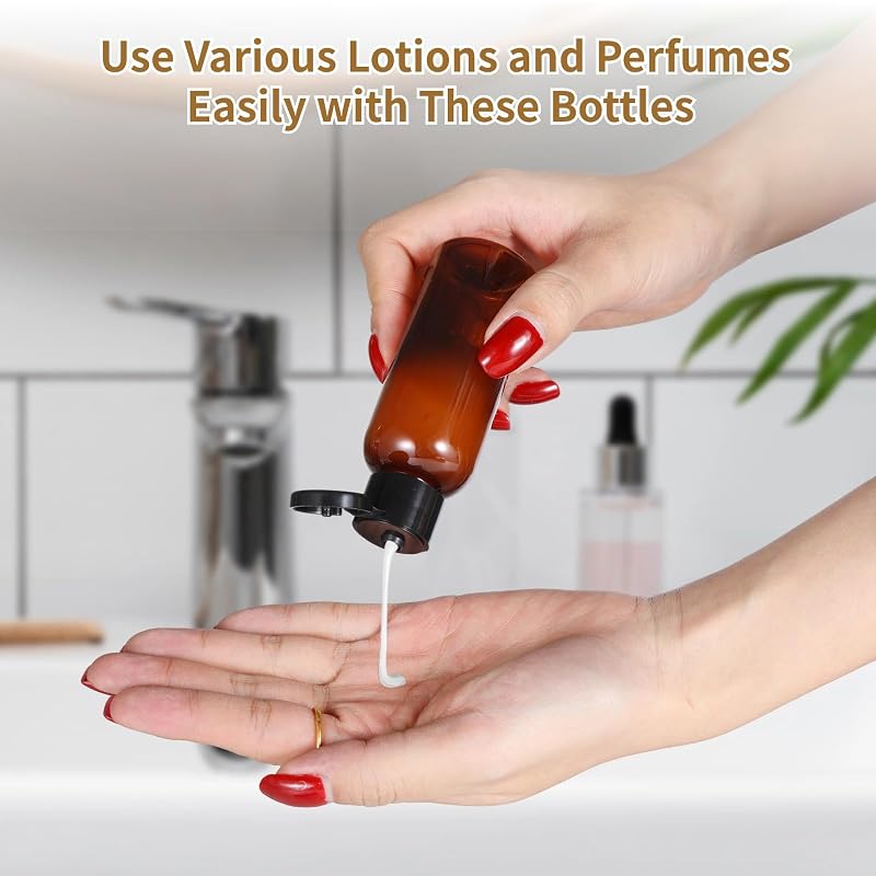 2 oz Travel Bottles with Flip Cap, 60ml Refillable Clear PET Containers — Brown Variation
