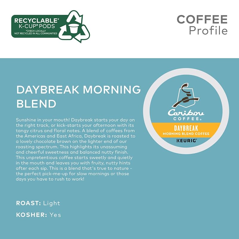 Caribou Daybreak Coffee Pods, Light Roast, 96-Count (4 Boxes of 24) | K-Cup Compatible