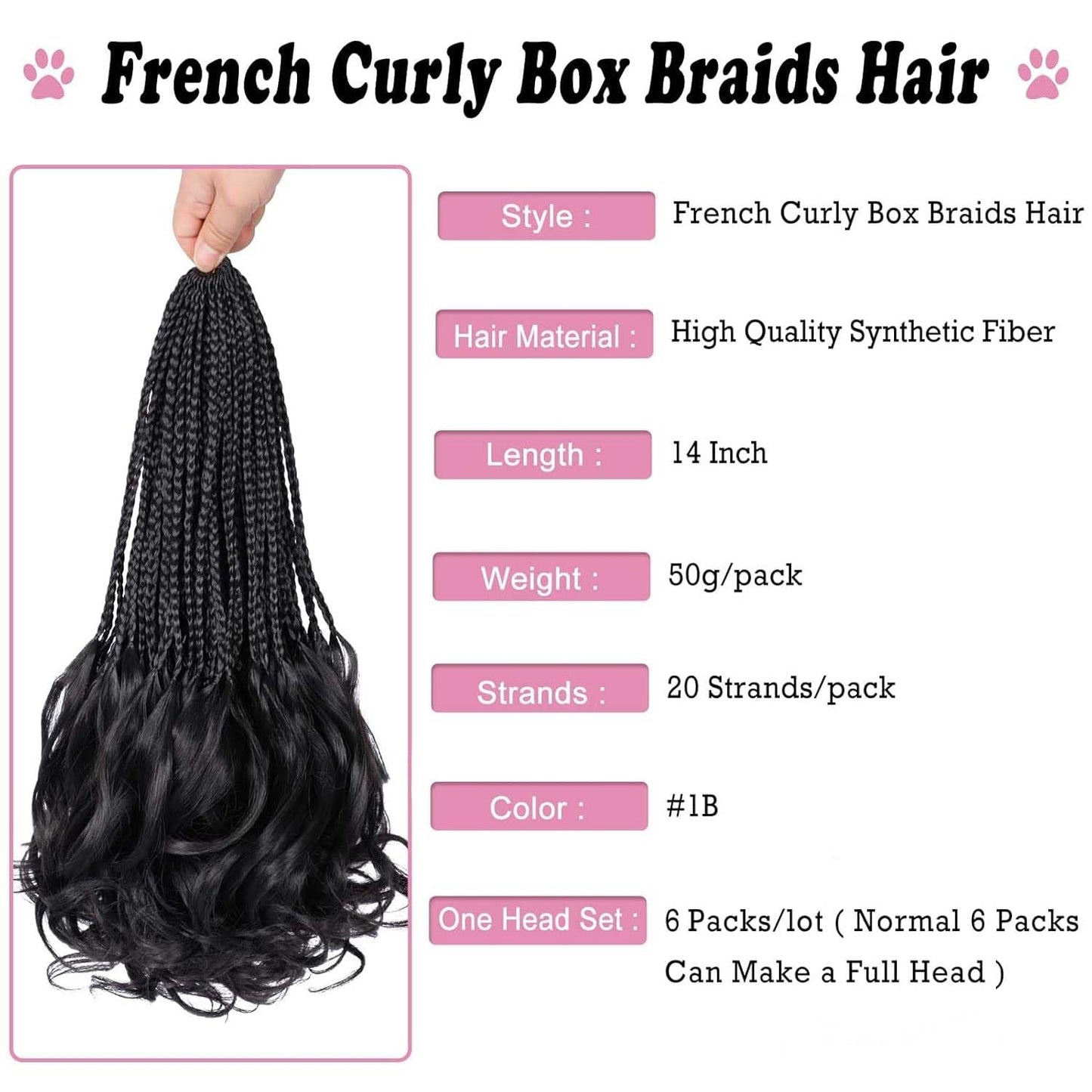 French Curl Crochet Braids 14 Inch 6 Packs Crochet Box Braids With Curly Ends Goddess Box Braids Crochet Hair Pre Looped French Curl Braiding Hair for Women (#1B)