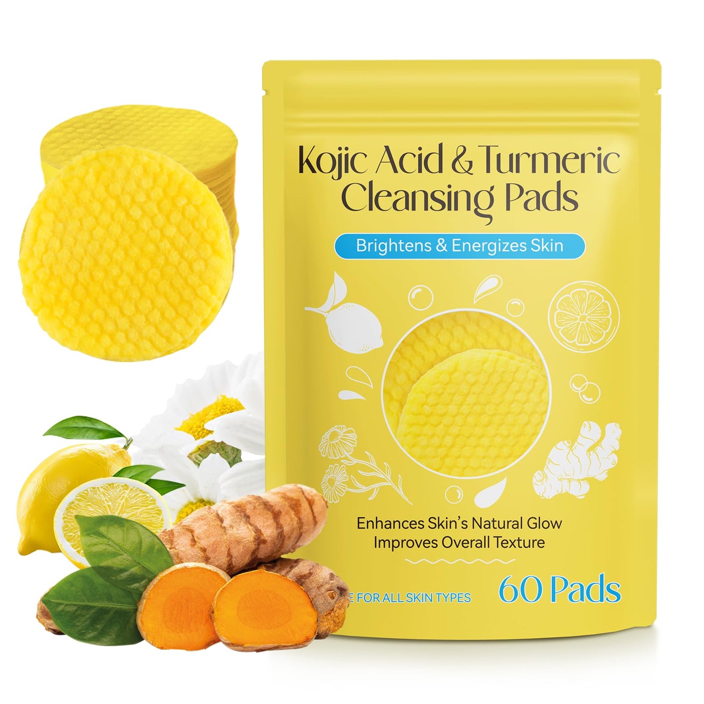 Kojic Acid Turmeric Cleansing Pads, Face Turmeric & Kojic Acid Pads for Dark Spots, Glow Up Acne Scars, Unclog Pores, Enriched Vitamin C,Gentle & Non-Irritating