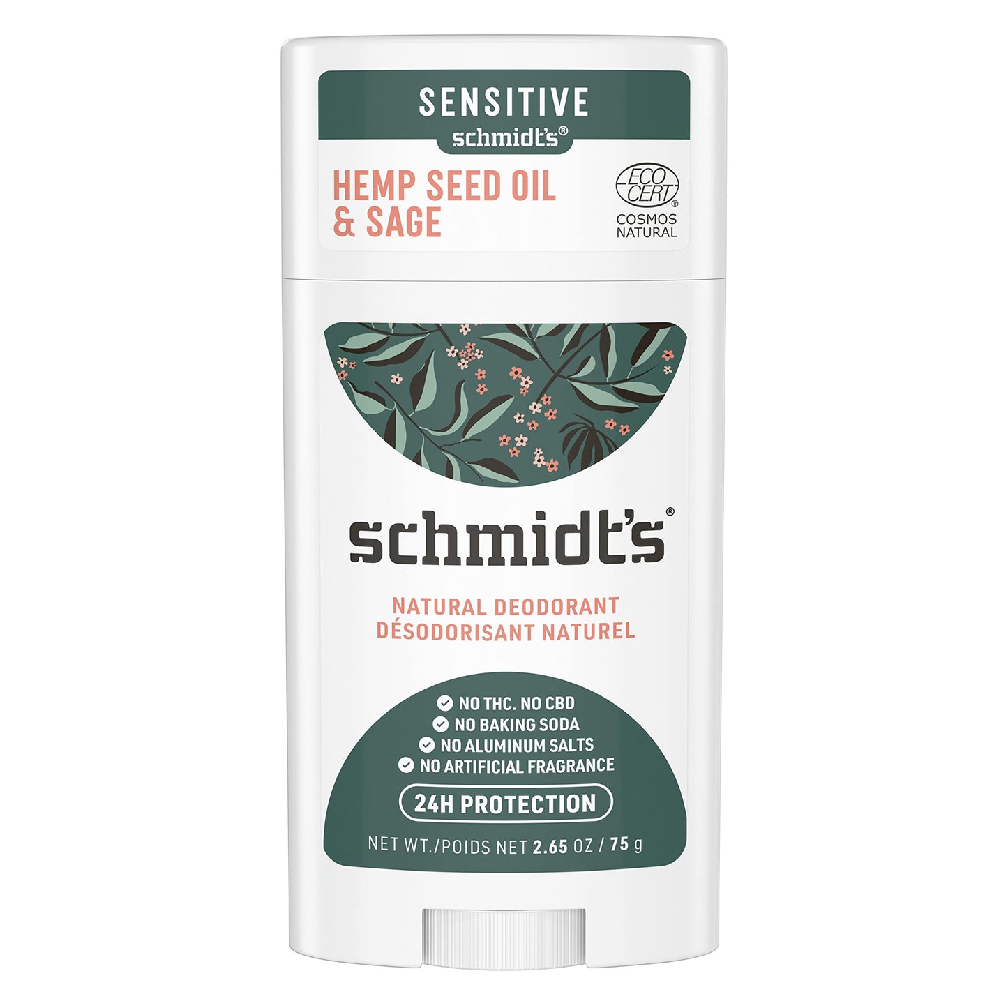 Schmidt's Aluminum Free Natural Deodorant for Women and Men, Hemp Seed Oil and Sage for Sensitive Skin with 24 Hour Odor Protection, Vegan, Cruelty Free, 2.65 oz