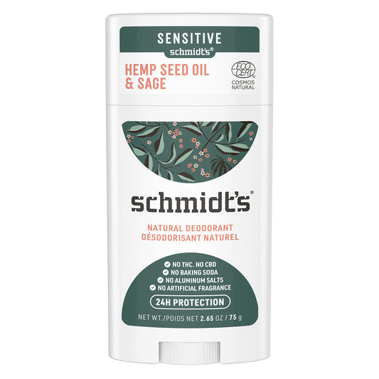 Schmidt's Aluminum Free Natural Deodorant for Women and Men, Hemp Seed Oil and Sage for Sensitive Skin with 24 Hour Odor Protection, Vegan, Cruelty Free, 2.65 oz