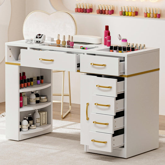 TTGIEET Nail Tech Table with Dust Collector, Glass Top Manicure Table Nail Desk Station w/7 Drawers & 3-Tiers Open Shelves, Nail Beauty Workstation w/Wrist Cushion & Golden Handles（White）