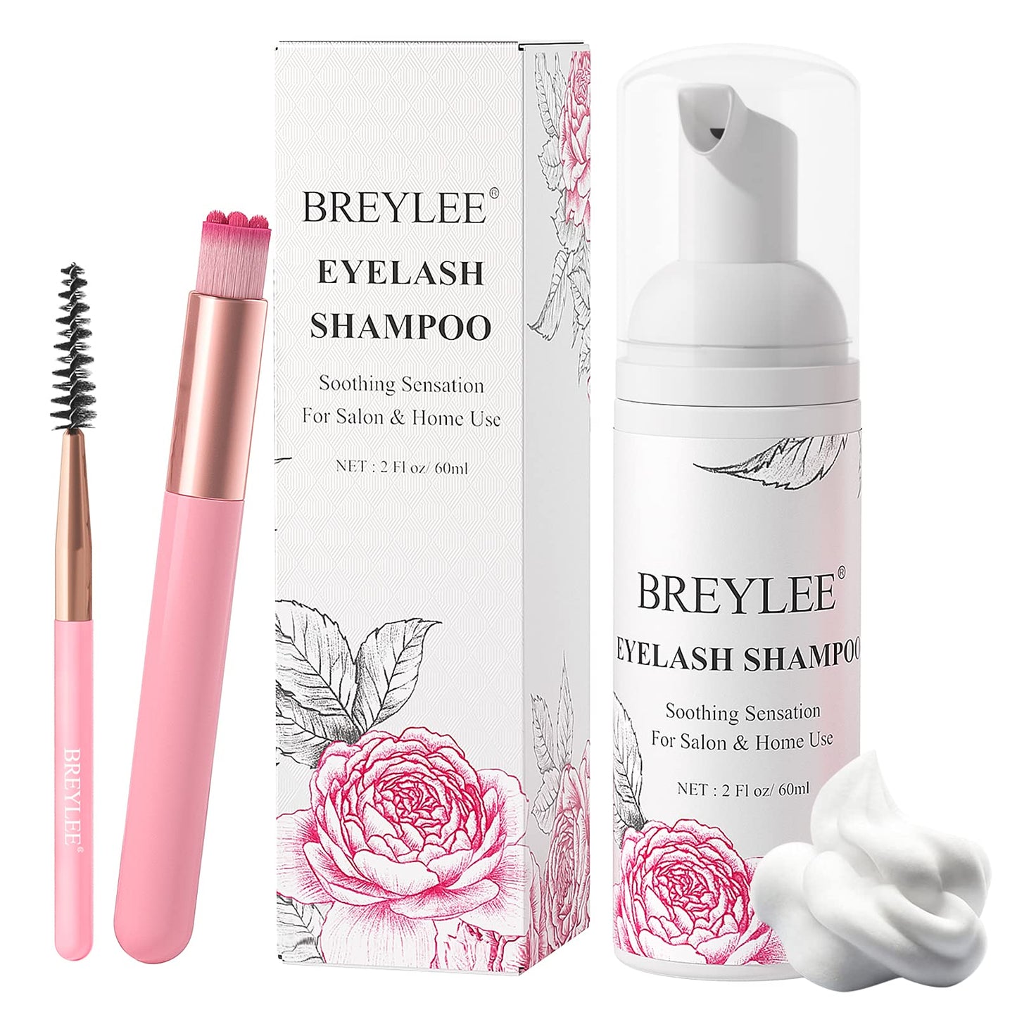 BREYLEE Eyelash Cleanser, Shampoo Foam & Brushes Eyelid Cleanser for Makeup Remover Paraben & Sulfate Free for Salon and Home Use(60ml, 2 fl oz)