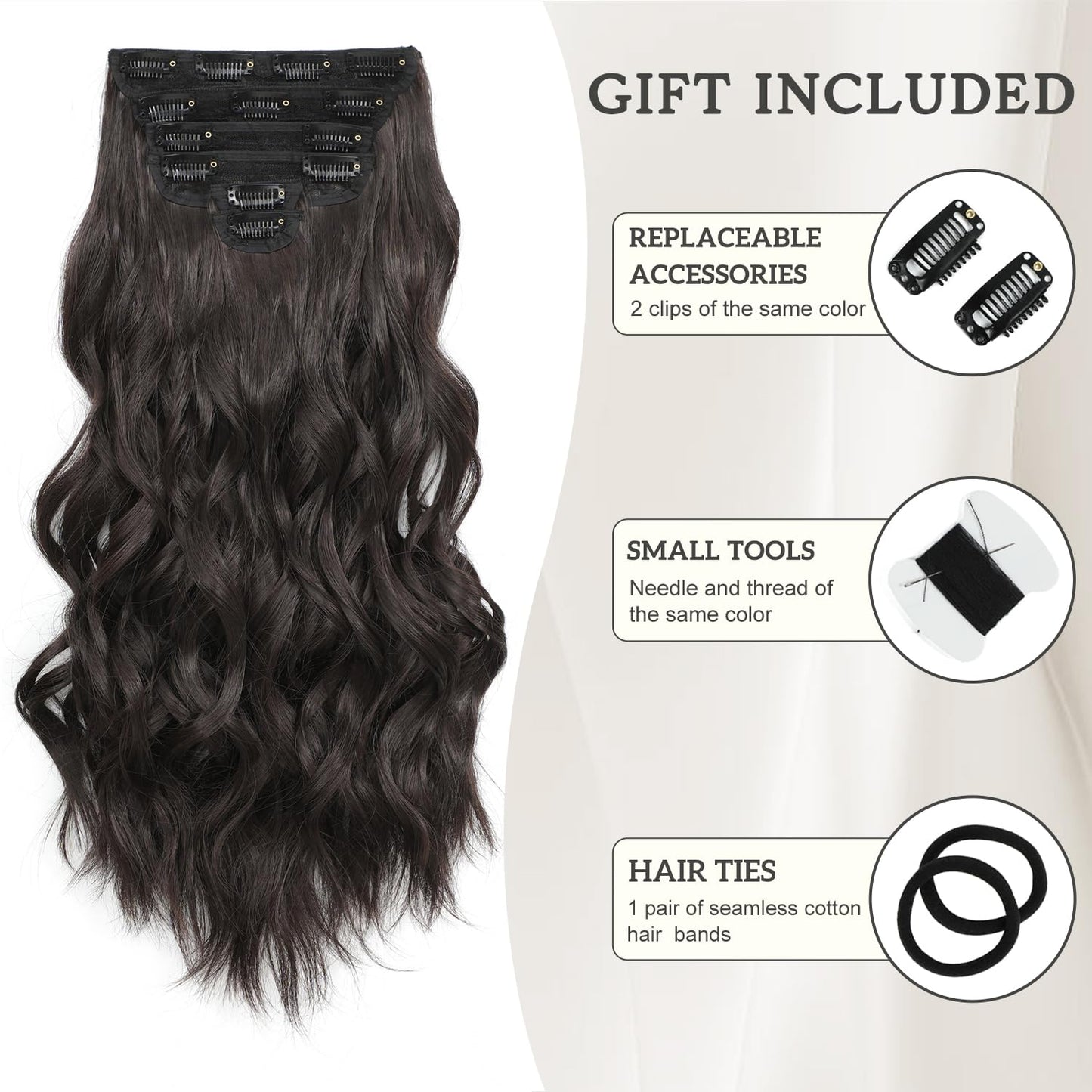 Fliace Clip in Hair Extensions, 6 PCS Natural & Soft Hair & Blends Well Hair Extensions, Dark Brown Long Wavy Hairpieces(20inch, 6pcs, Dark Brown)