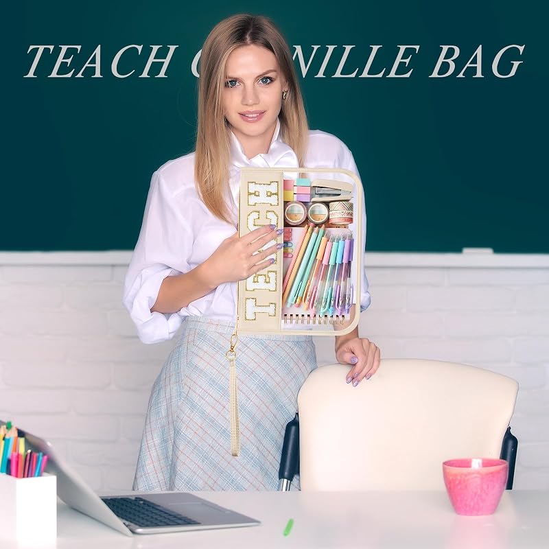 Milky White 6 Pcs Transparent Makeup Bags with Chenille Letter Zipper Pouches - Teach Variation