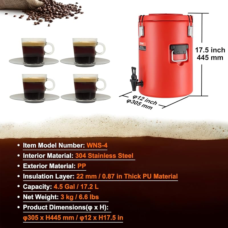 4.5 Gal Stainless Steel Insulated Beverage Dispenser with Spigot - Dual-Layer Hot & Cold Server (9.2 L) - Food-Grade, Leak-Proof