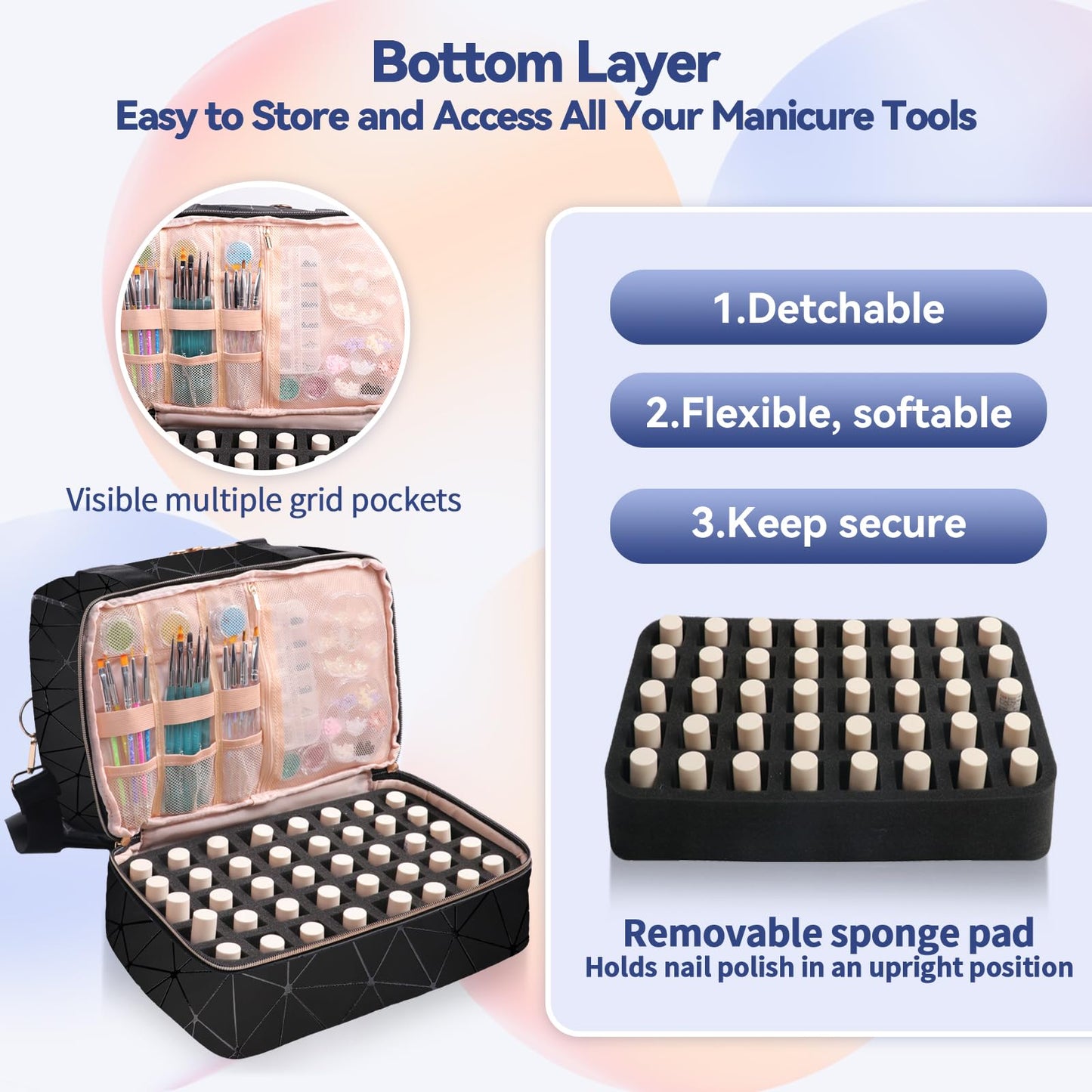 Partreko Nail Polish Organizer Holds 50 Bottles (15ml/0.5 fl.oz)& Nail Lamp, PU Leather Nail Organizers and Storage Bag with Shoulder Strap, Portable Nail Supplies Kit Organizer Carrying Case (Black)