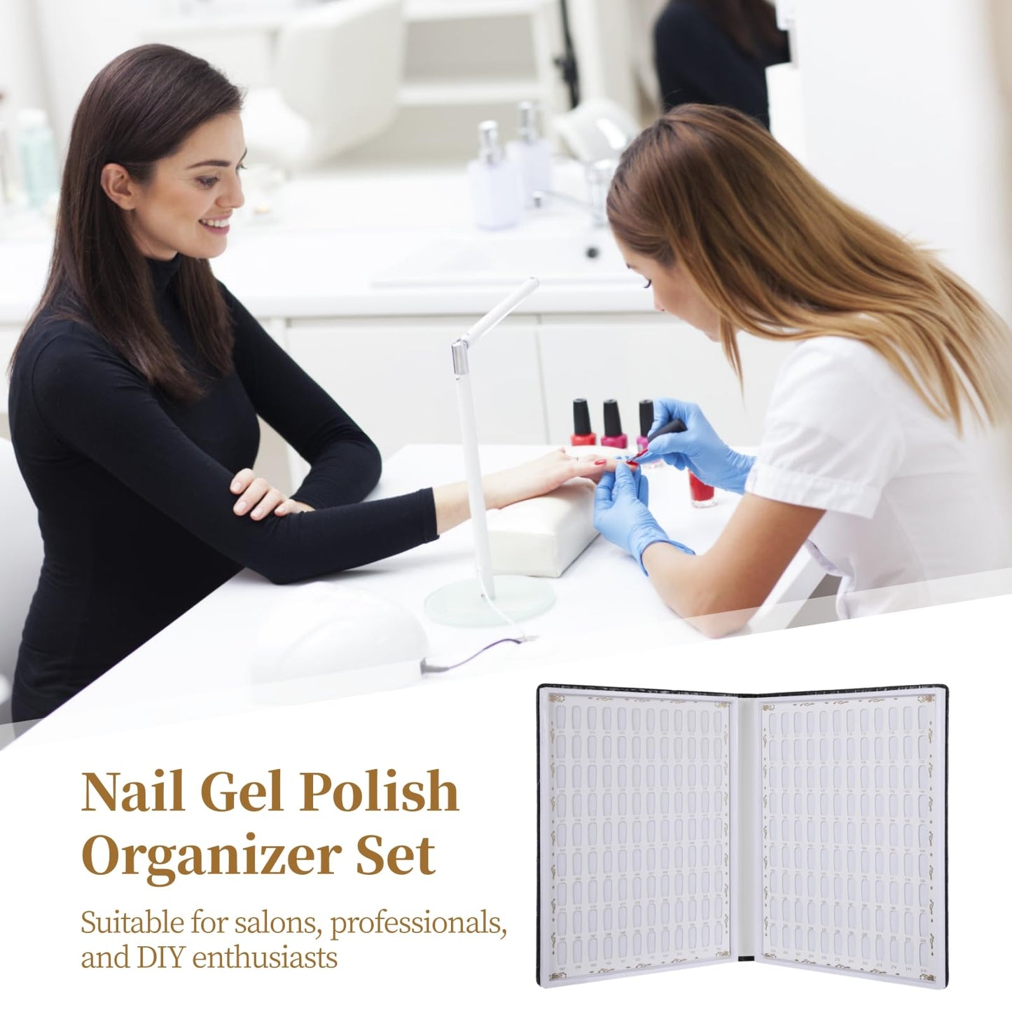 216 Nail Colors Display Book, Nail Gel Polish Organizer Book, Waterproof Textured PU Leather Nail Color Chart with 240 False Nail Tips & 1-300 Numbered Stickers for Nail Art Salons, DIY Nail Design