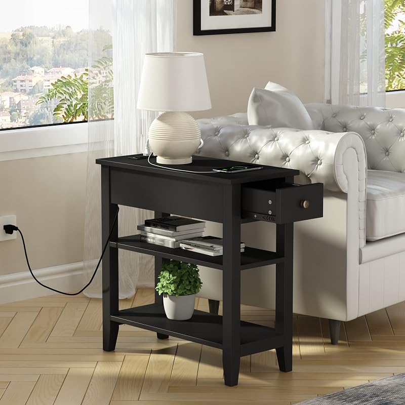 ChooChoo Narrow End Table with Charging Station and Hidden Drawer - Black