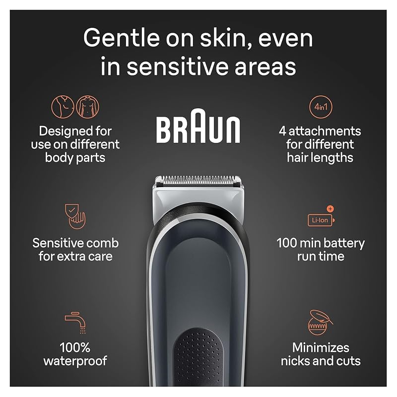 Braun Body Groomer 5360 Series 5 for Men – SkinSecure, 100-Minute Cordless, Wet & Dry