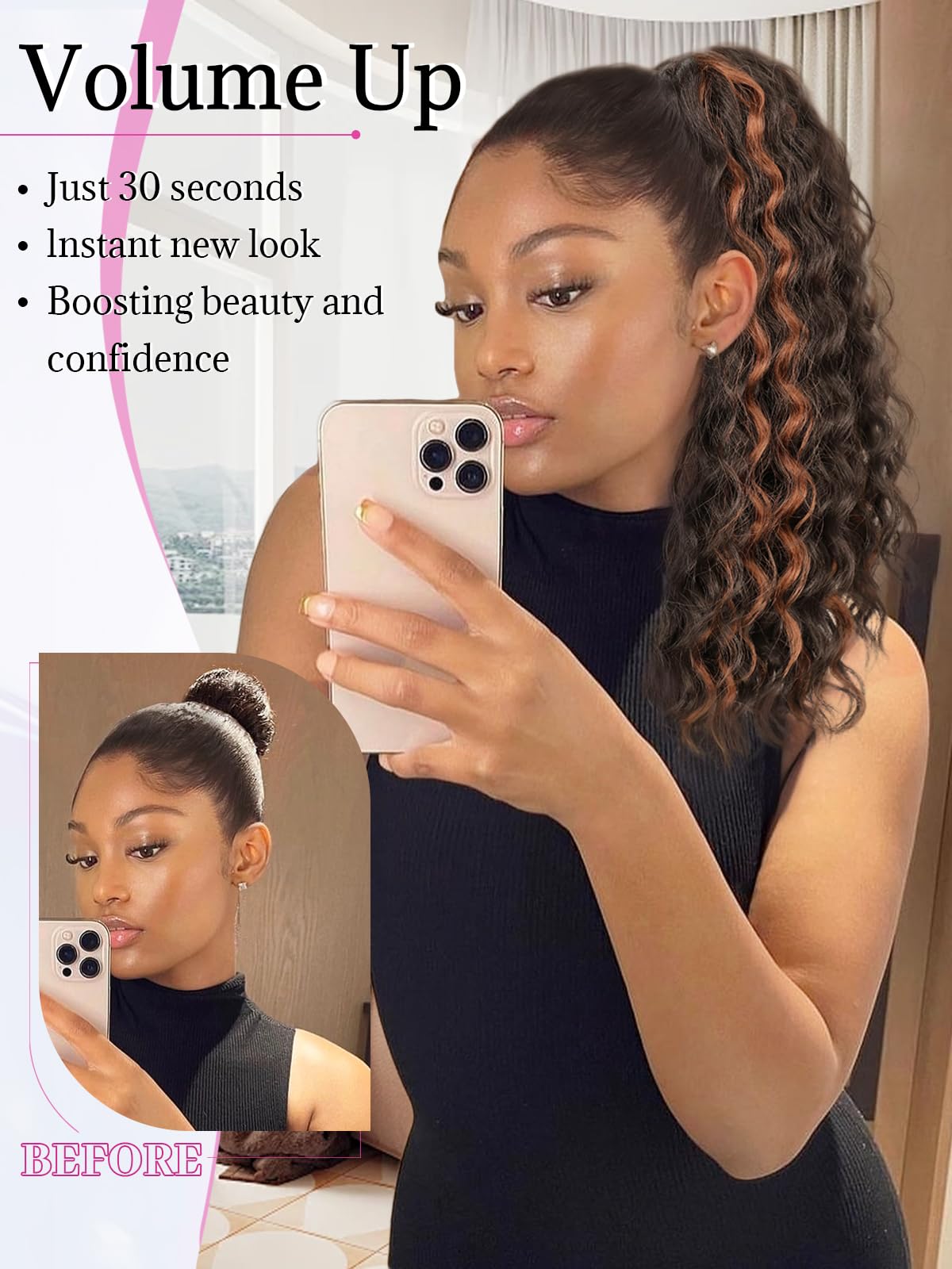 Isaic Ponytail Extension 16 Inch Long Wavy Curly Ponytails Drawstring Ponytail for Black Women Brown With Lighter Brown Highlights Pony Tails Hair Extensions Synthetic Hairpiece for Daily Use