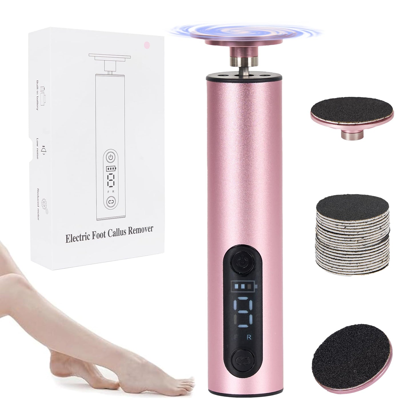 Electric Foot Callus Remover – Foot File Rechargeable Pedicure Tool with Adjustable Speed, Digital Display, Sandpaper Discs & Nail Drill Bits – Pink