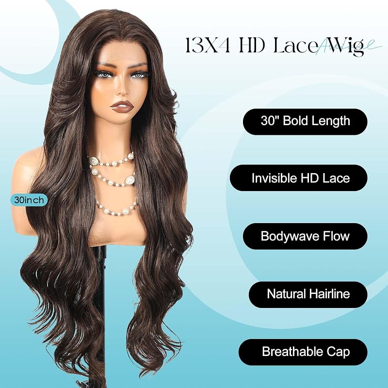 Luwila 30in 13x4 HD Lace Front Wig Glueless Pre-Cut Natural Hairline, Dark Brown Highlight #FS4/30