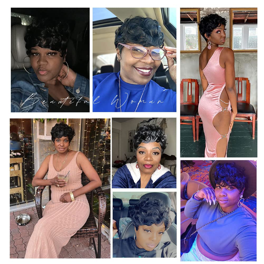 MOONSHOW Short Pixie Wigs for Black Women Short Black Curly Pixie Wig Synthetic Short Hair Wigs for Black Women Natural Wavy Black Pixie Cut Wig (Natural Black)