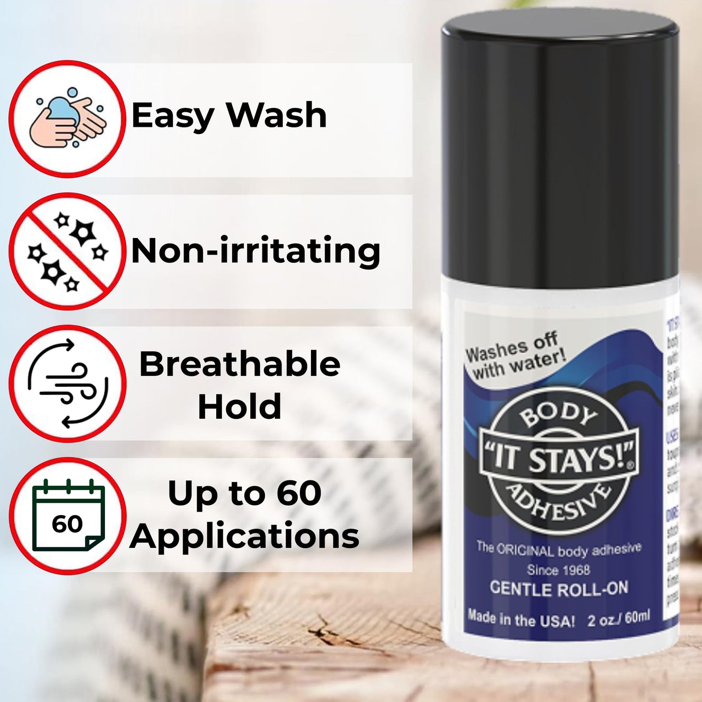 ABSOLUTE SUPPORT It Stays! Butt Glue for Dancers Roll On - Body Adhesive Glue Applicator for Wigs, Socks, Stockings, Leotards, Bras, Costumes and Clothing - Made in USA - 2 fl oz Clear