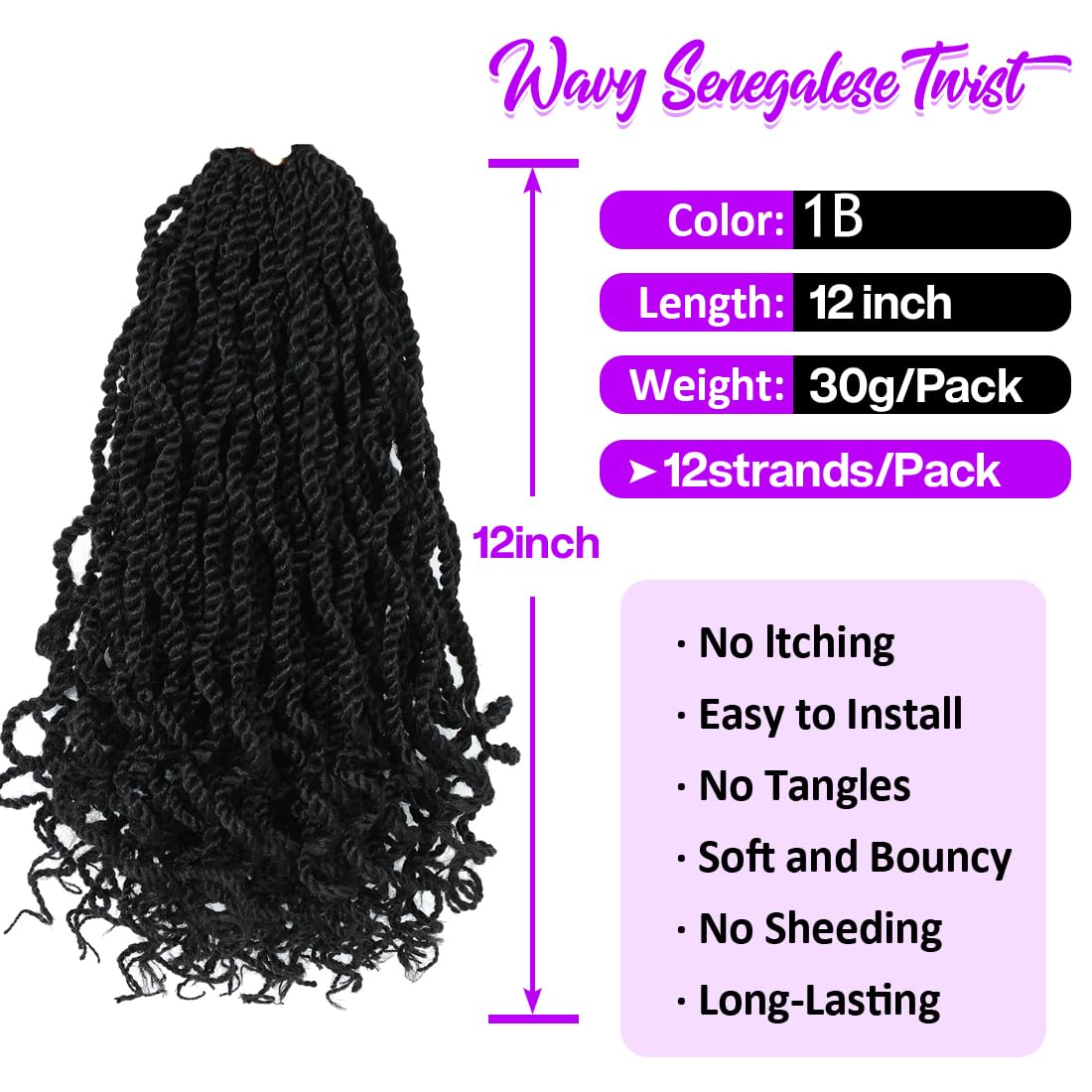 Fayasu Senegalese Twist Crochet Hair 8 Packs Black Pre Looped Short Crochet Braids Pre Twisted Small Twist with Curly Ends Synthetic Braiding Hair for Women（12Inch Pack of 8),1B)