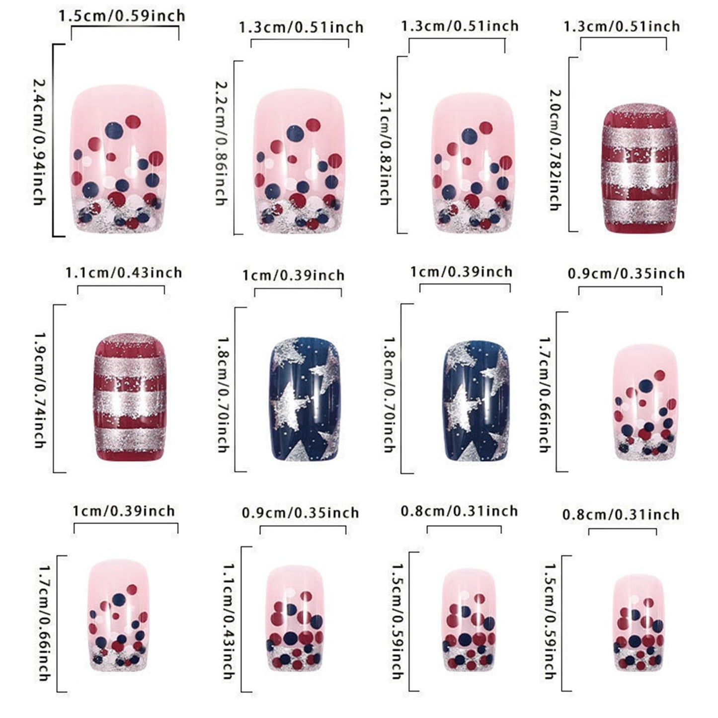 Independence Day Press on Nails Medium Square Fake Nails with Silver Glitter Star Stripe Designs Patriotic False Nails 4th of July Acrylic Nails Red Blue Polka Dots Stick on Nails for Women