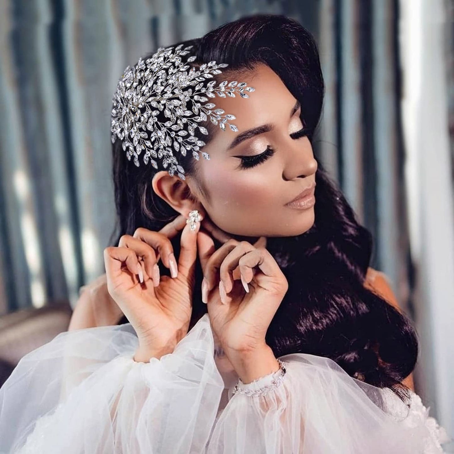 AMORARSI Wedding Rhinestone Hair Piece Leaf Bride Side Headpieces Crystal Hair Accessories for Brides and Bridesmaids