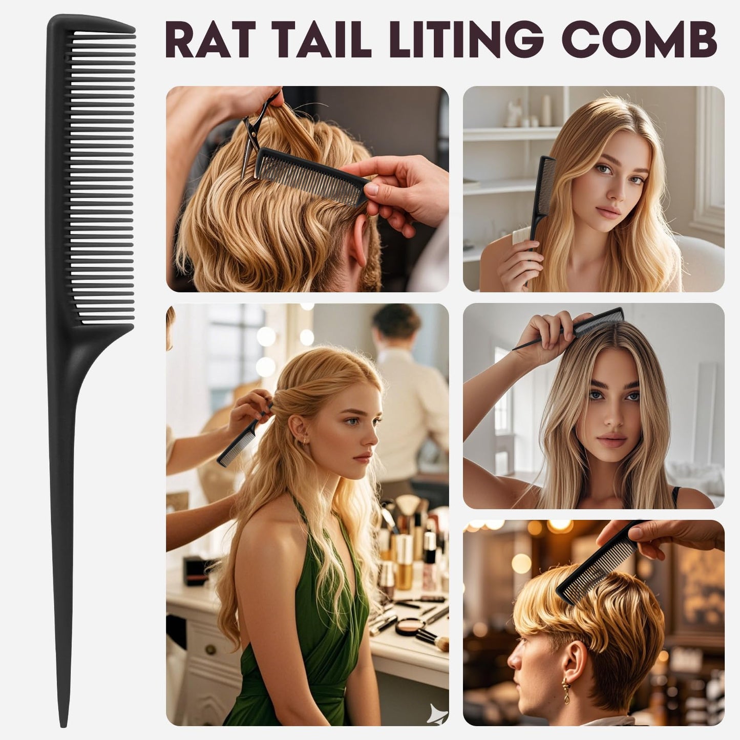 Rat Tail Comb Set-3Pcs Rat Tail Hair Teasing Fine Tooth Combs for Women Girls, Parting &Hair Styling Tools(Black Purple Blue)