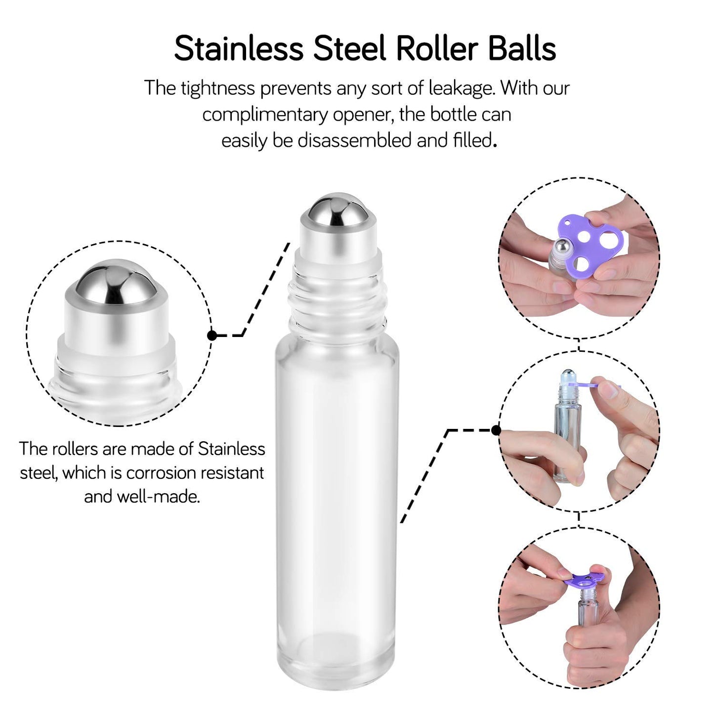 PrettyCare 4 Pack, 10 ml Essential Oil Roller Bottles with Stainless Steel Roller Ball - Refillable Leak-proof Empty Thick Clear Glass Roll on Bottles with Metal Caps for Travel, Perfume