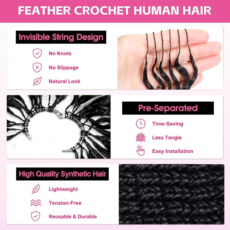 16 Inch Feather Crochet Hair for Black Women - Deep Wave Miracle Knots, 1B Natural Black, 60 Strands