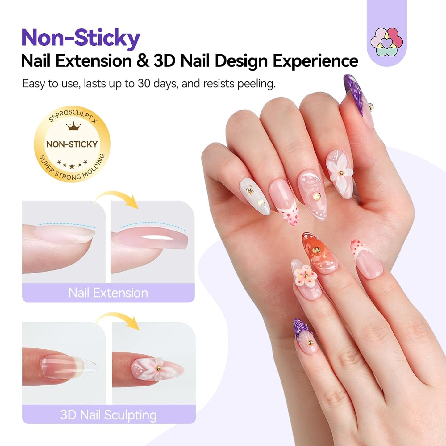 Builder Nail Gel Kit - 4 Colors (Clear, Nude, White, Pink) for Nail Extensions & 3D Sculpting - Long-Lasting Non-Sticky Hard Gel with Chrome Powder
