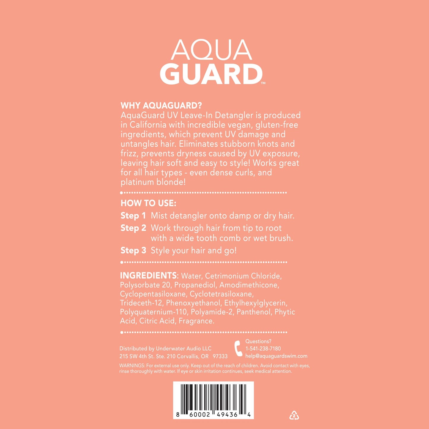 AQUA GUARD After-Swim UV Leave-In Detangler - Protects Hair From the Sun for Smooth, Silky Feel - Paraben & Gluten Free, Vegan, Color Safe, Leaping Bunny Certified