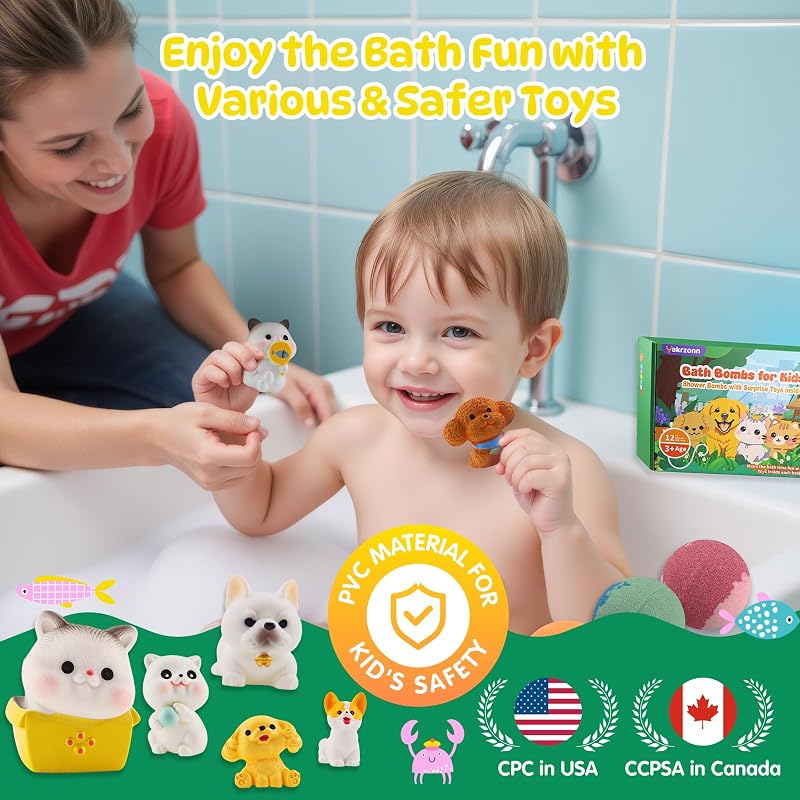Bath Bombs for Kids with Toys Inside - 12 Pack Cat & Dog Gift Set