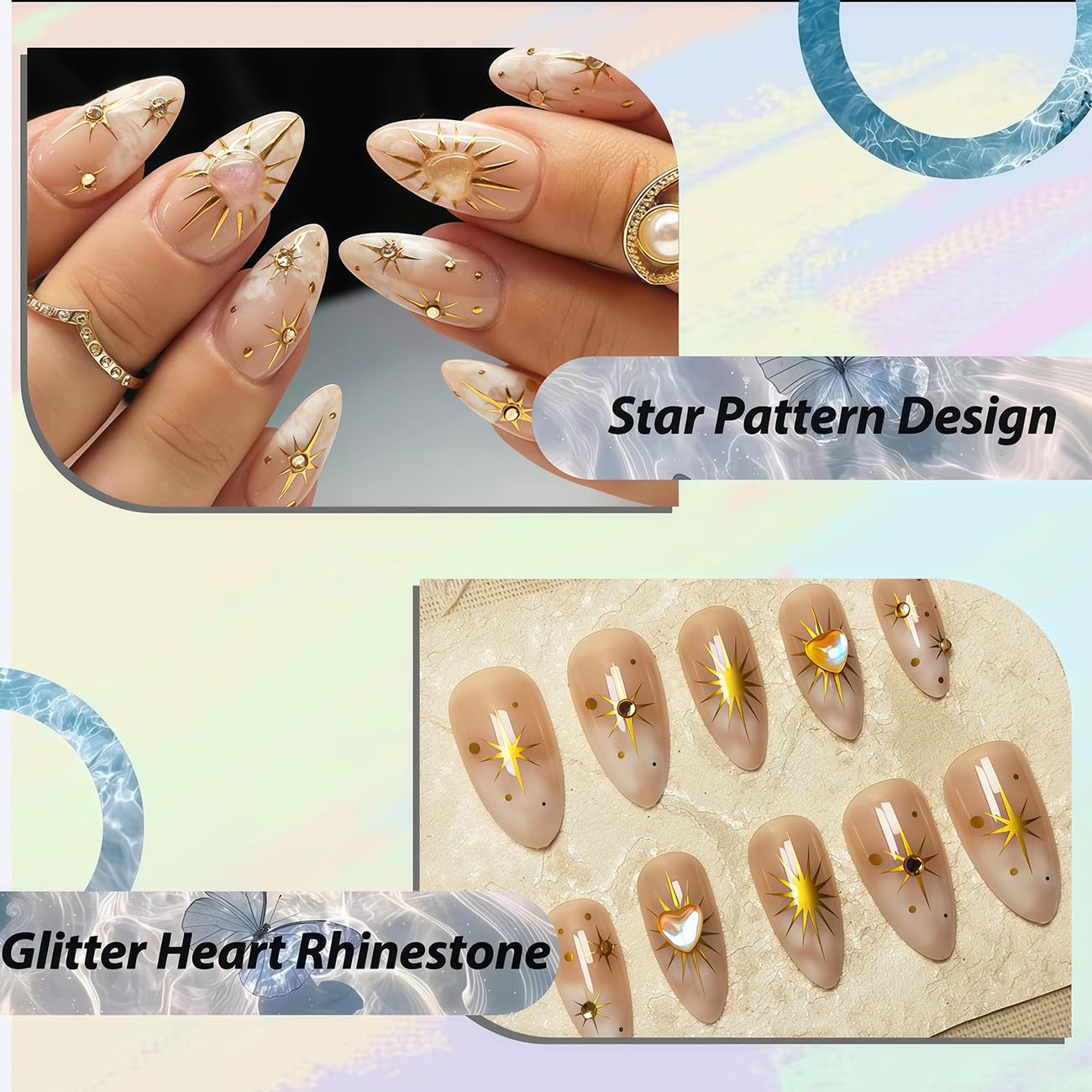 Almond Press on Nails, French Tip Fake Nails with Heart Star Pattern Golden Sun Design Artificial Full Cover False Nails Glue on Nail for Women Daily Acrylic Nail Decoration Accessories 24 Pcs