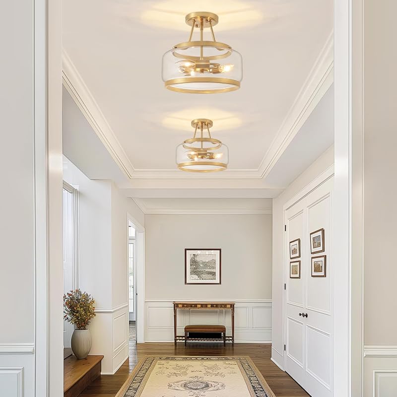 Brushed Gold 11.81in Semi-Flush Mount Ceiling Light - 3-Light Hallway Fixture (Brushed Gold)