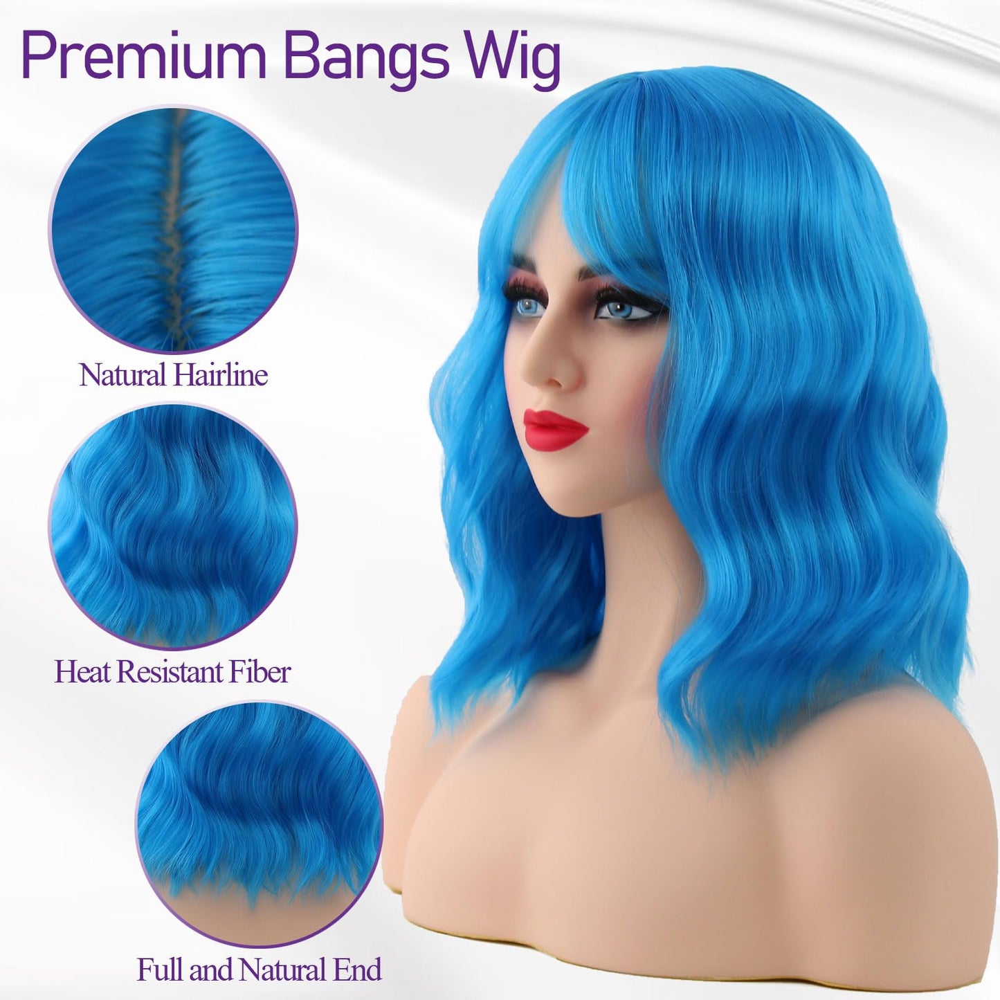 HWHRGL Light Blue Wigs with Bangs for Women 14 Inch Short Wavy Bob Wigs With Bangs Synthetic Bob Wig Curly Wig Heat Resistant Colorful Wavy Wig for Cosplay Daily Party Use Halloween Wigs