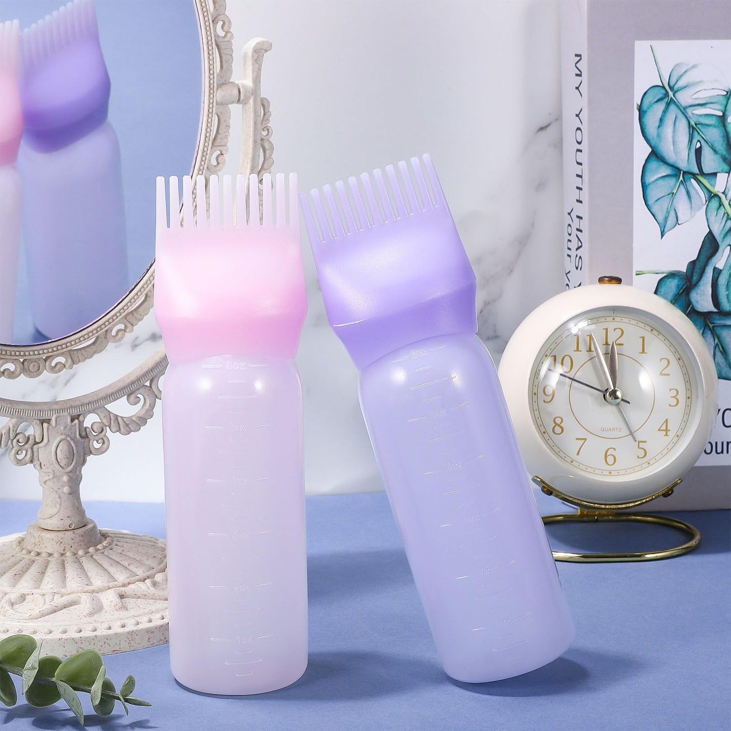 Pimoys Root Comb Applicator Bottle 6 Ounce, Oil Applicator for Hair Dye, Hair Oiling Bottle Brush with Graduated Scale, Purple