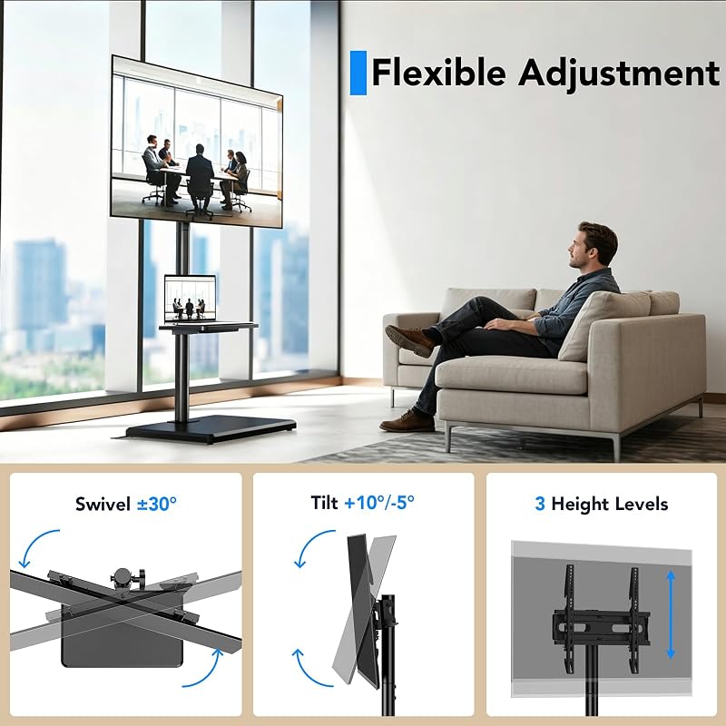 Floor TV Stand with Mount for 26-60 inch TVs Up to 77 lbs - Height Adjustable Swivel Tilt with Wood Base & Shelf, Black (Variation: Black+Floor TV Stand with Shelf)