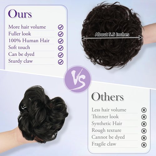 RUWISS Large Messy Bun Hair Piece with Claw Clip Human Hair Bun Wavy Curly Chignon Hair Bun Extensions Tousled Updo Hair Pieces for Women Claw Clip Ponytail Hair Scrunchies for Women, Brown Black