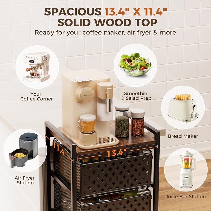 5-Tier Kitchen Storage Cart with Wheels, Wood Top & 4 Drawers – Black