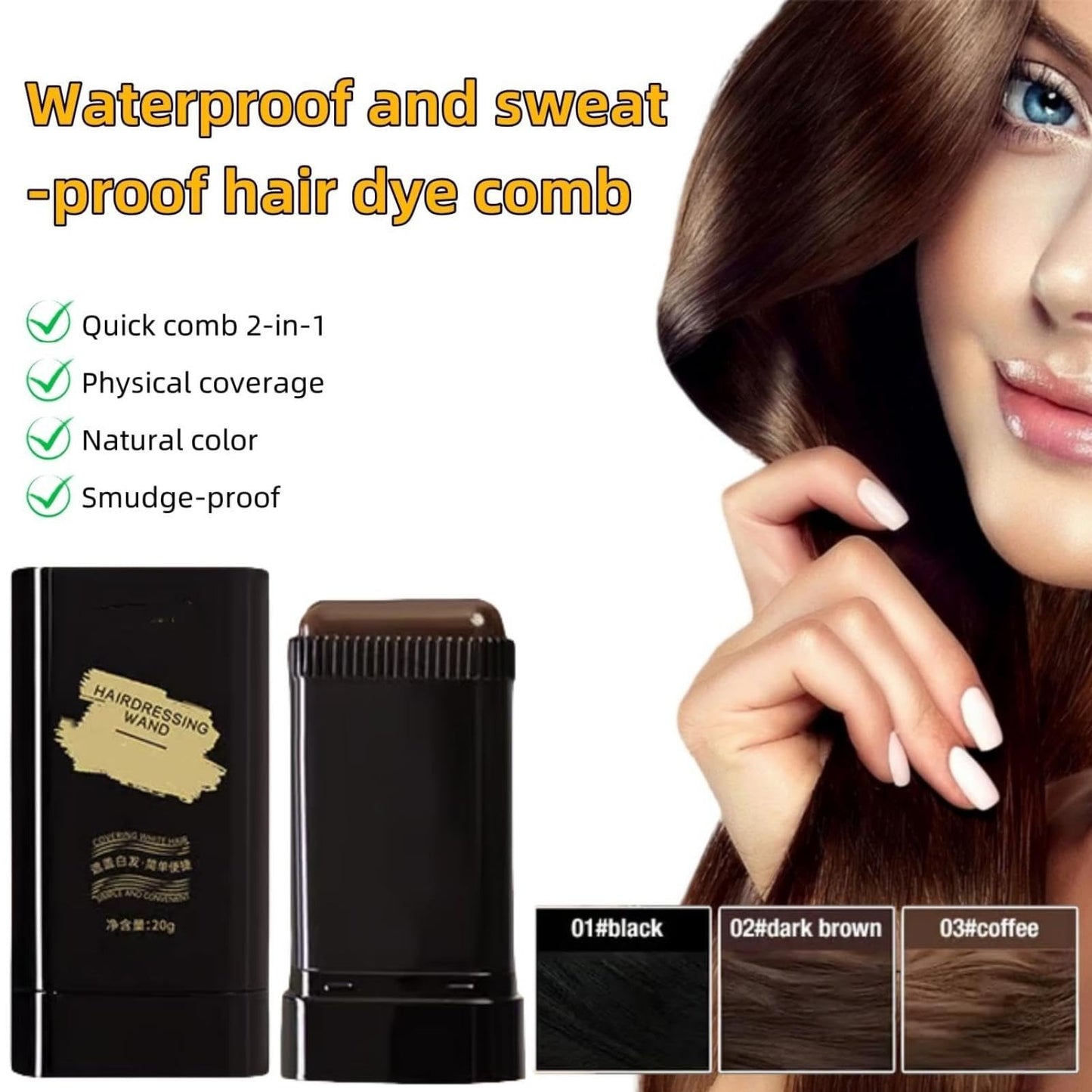 Comb Hair Dye, 2 in 1 Waterproof and Sweat-Proof Temporary Root Touch Up Tool, Black Hair Dyes with Combs Applicator, Portable Hair Colouring Cream for Women Men (Brown-2pcs, 1 Ounce)