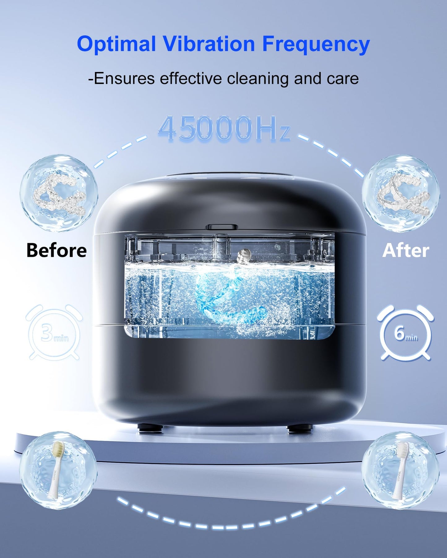 Upgraded Retainer Cleaner Machine, 45kHz Ultrasonic Cleaner as Dentures Cleaner, Mouth Guard Cleaner, Night Guards Cleaner, Aligner Cleaner, Jewelry Cleaner, Ring Cleaner (Black)