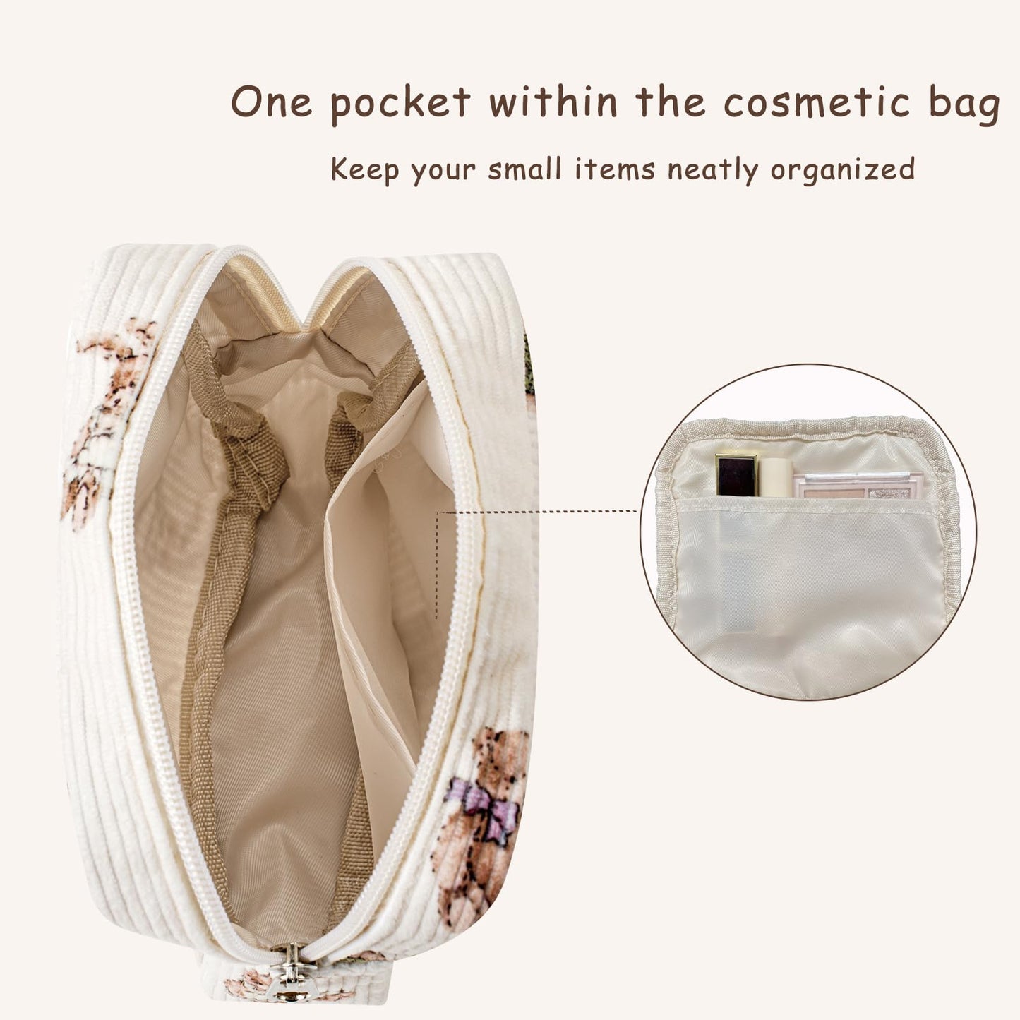 RSRSLEII Cute Mini Corduroy Zipper Makeup Bag for Purse, Coquette Aesthetic Pouch with Bear Pattern for Women Girls,Key Pocket Lipstick Bag Card Holder Data Cable Organizer(01Pink Bear)