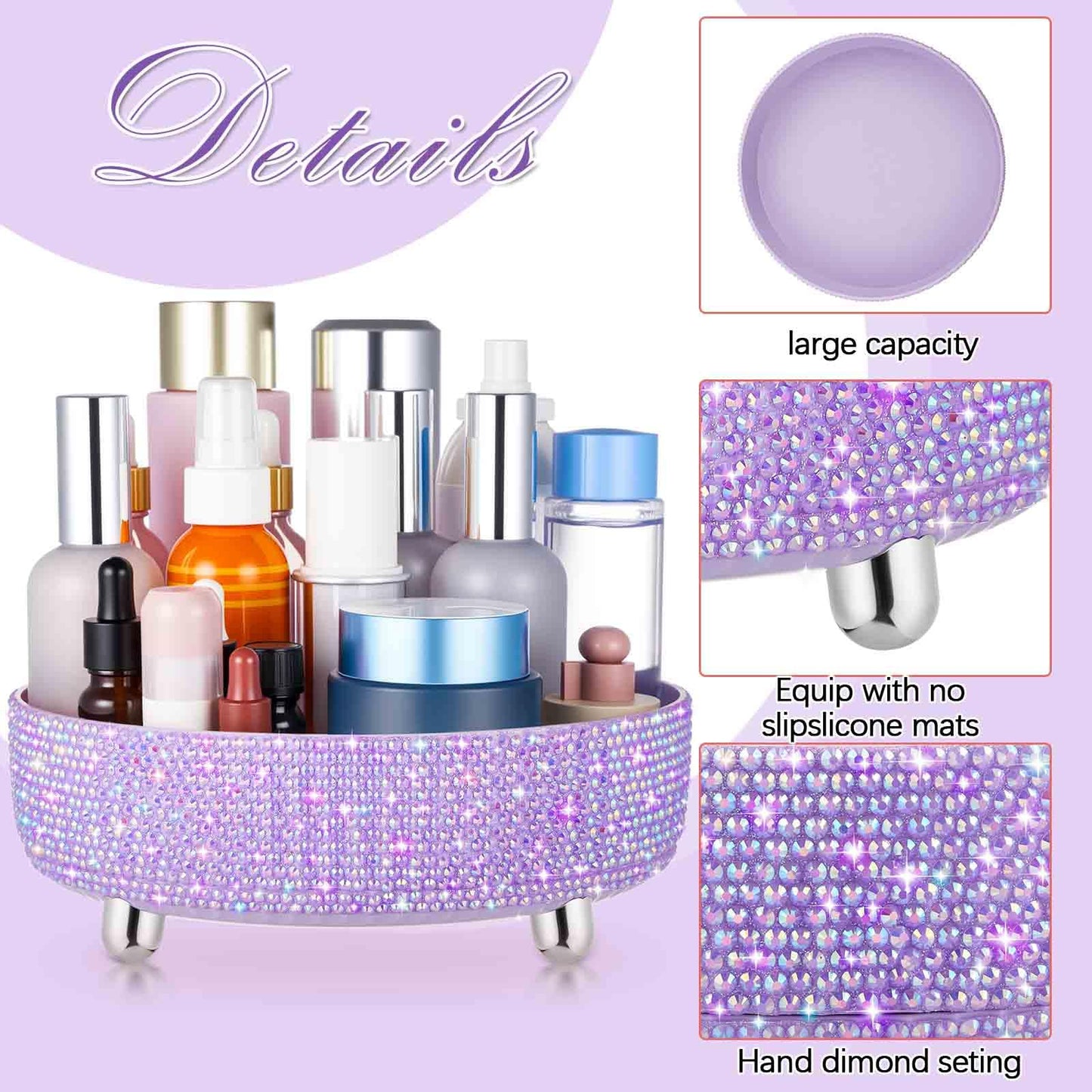 Honeydak Bling Perfume Makeup Organizer Rhinestone Bathroom Organizers and Storage 360 Rotating Makeup Organizer for Countertop Women Girls Essentials(Purple,Rhinestone)