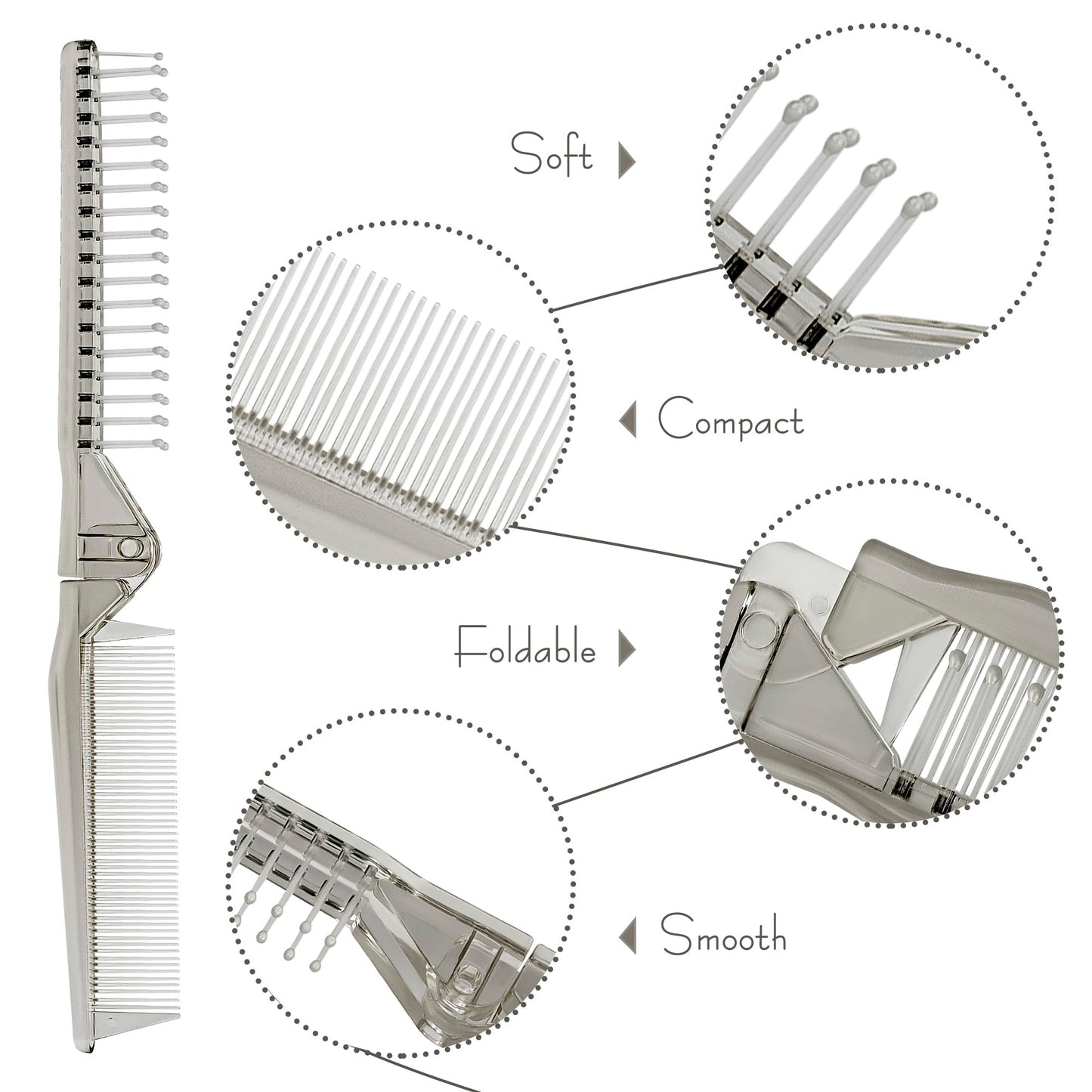 SHIDOW Folding Travel Comb – Compact Mini Hair Comb for Purse, Pocket or On-the-Go Use, Small Wide Tooth Comb for Women & Men, Lightweight & Foldable Design for Hair Styling and Detangling - Gray